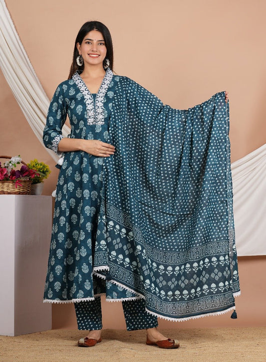 Teal Blue with White Brocade Print Cotton Long Dress in Sizes (S to 2XL) With Cotton Dupatta and trousers womenswear cotton dress comfort clothing - AdoreByKhwahish