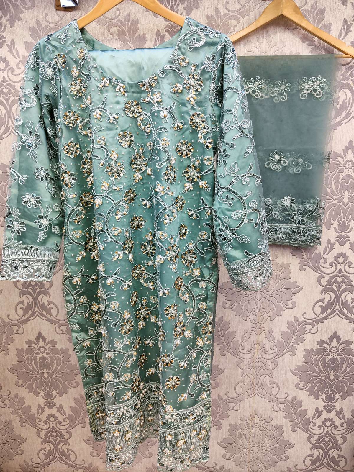 TR hand embellished net fabric shalwar kameez in colours Biege Grey Sea - green Navy Blue and Black with embroidery dupatta in sizes (L to 5XL) womenswear traditional plus size wedding dress clothes - AdoreByKhwahish