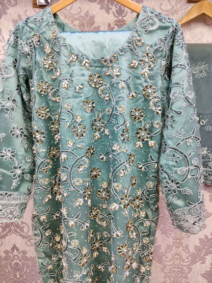 TR hand embellished net fabric shalwar kameez in colours Biege Grey Sea - green Navy Blue and Black with embroidery dupatta in sizes (L to 5XL) womenswear traditional plus size wedding dress clothes - AdoreByKhwahish