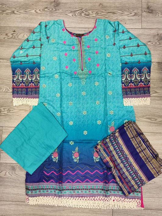 Turquoise and navy blue ombre colour embroidered cotton fabric shalwar kameez with cotton dupatta in sizes (S to 7XL) womenswear traditional plus size comfort clothing - AdoreByKhwahish