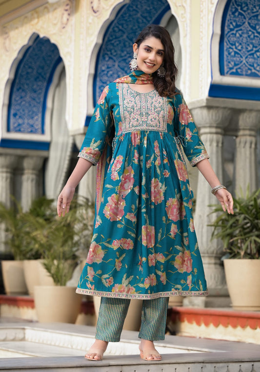 Turquoise Blue Floral Print Nyra Cut with Hand Embroidery Trouser Suit Cotton Silk Fabric in Sizes (S to 2XL) Womenswear Traditional - AdoreByKhwahish