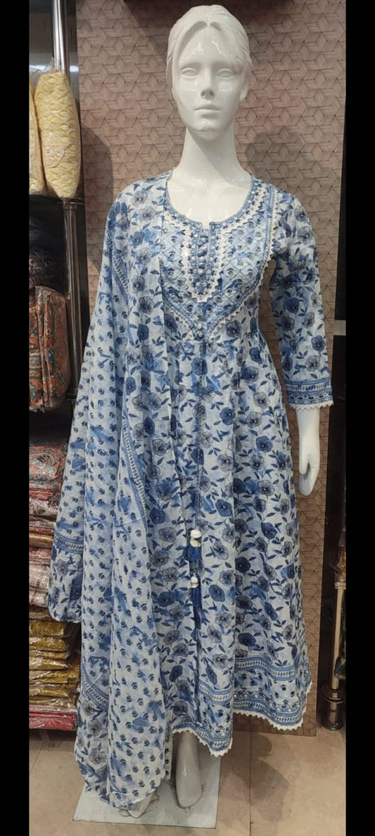 White and Blue Colour Delicate Embroidered and Printed Cotton Long Dress in sizes (S to 2XL) With Cotton Dupatta and trousers womenswear cotton dress comfort clothing - AdoreByKhwahish