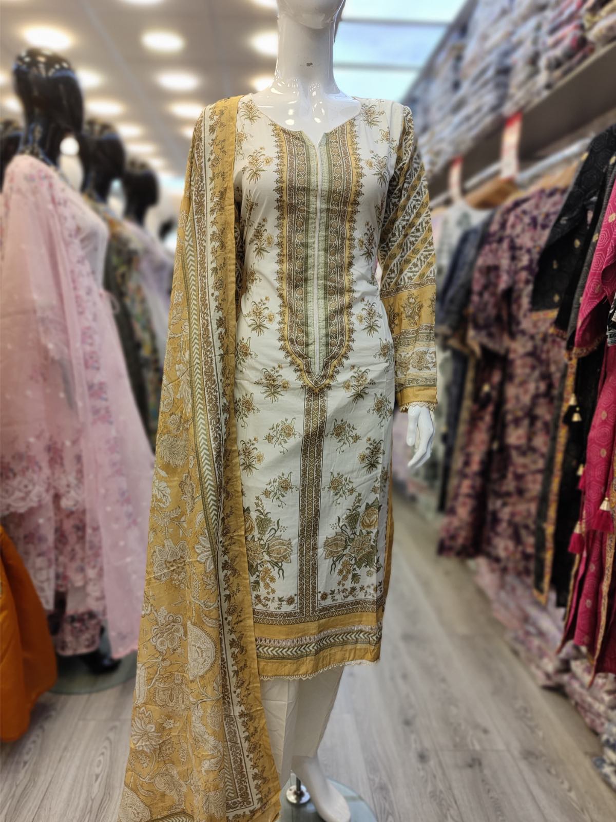 White and mustard colour cotton ethnic shalwar kameez with printed dupatta in sizes [L to 8XL] women wear traditional plus size - AdoreByKhwahish