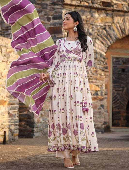 White and Purple Colour Floral Printed Cotton Long Dress With Cotton Dupatta and trousers in Sizes (S to M) womenswear cotton dress comfort clothing - AdoreByKhwahish