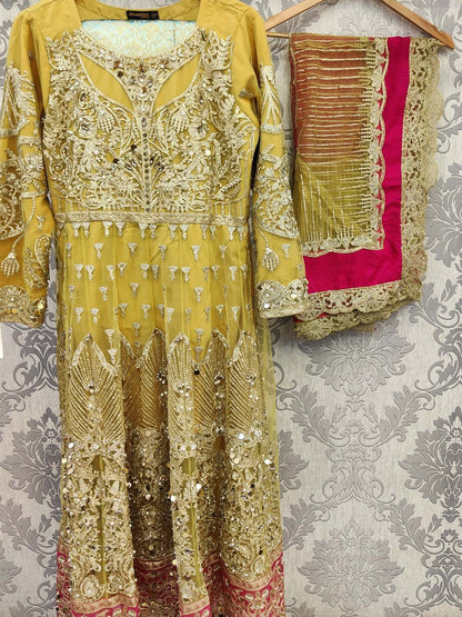 Yellow and Pink colour hand embellished long dress with embroidery dupatta in net fabric in sizes (L to 4XL) womenswear traditional dress plus size - AdoreByKhwahish