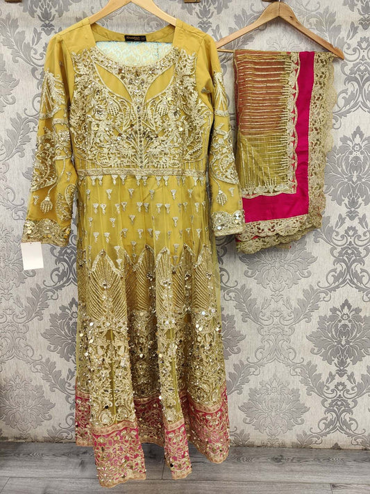 Yellow and Pink colour hand embellished long dress with embroidery dupatta in net fabric in sizes (L to 4XL) womenswear traditional dress plus size - AdoreByKhwahish