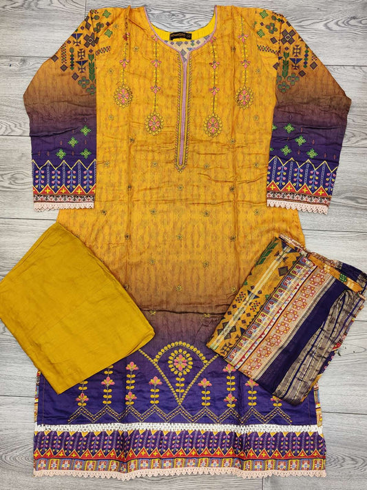 Yellow and Purple colour embroidered cotton fabric shalwar kameez with cotton dupatta in sizes (L to 7XL) womenswear traditional plus size comfort clothing - AdoreByKhwahish