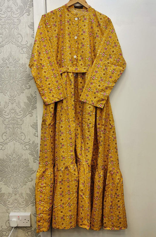 Yellow colour cotton fabric geometrical print long dress maxi abaya style in sizes length 54 (S to 5XL) Muslim clothing abaya style womenswear traditional plus size dress - AdoreByKhwahish