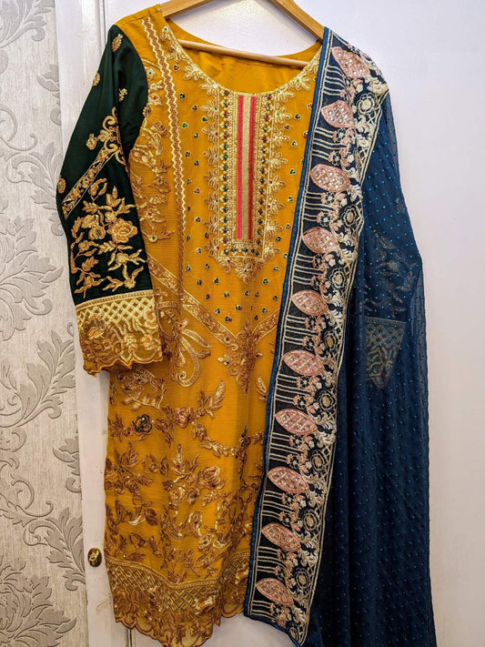 Yellow Colour Embroidered Chiffon Suit with Teal Blue Dupatta and Pink Sharara In Sizes (M) - AdoreByKhwahish